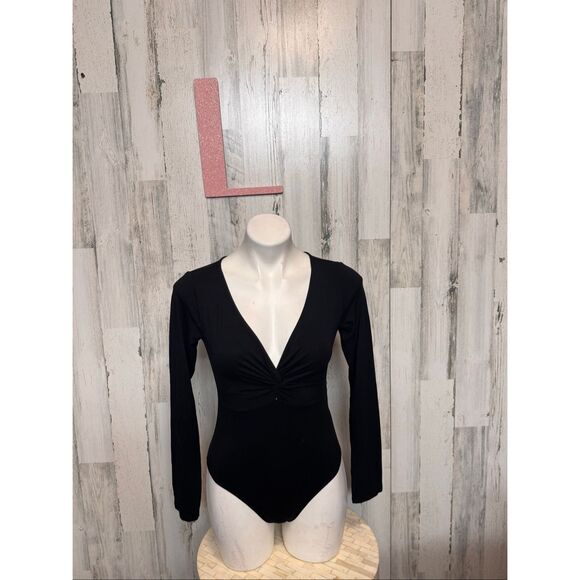 Forever 21 Black Long Sleeve Deep V Bodysuit Women’s Size L | Stretchy Knit One- - Picture 1 of 6
